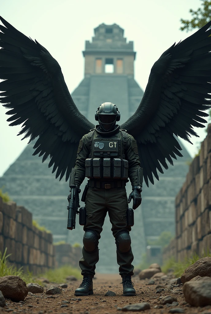 Warzone operator in Petén pyramids with black wings with text that says gt
