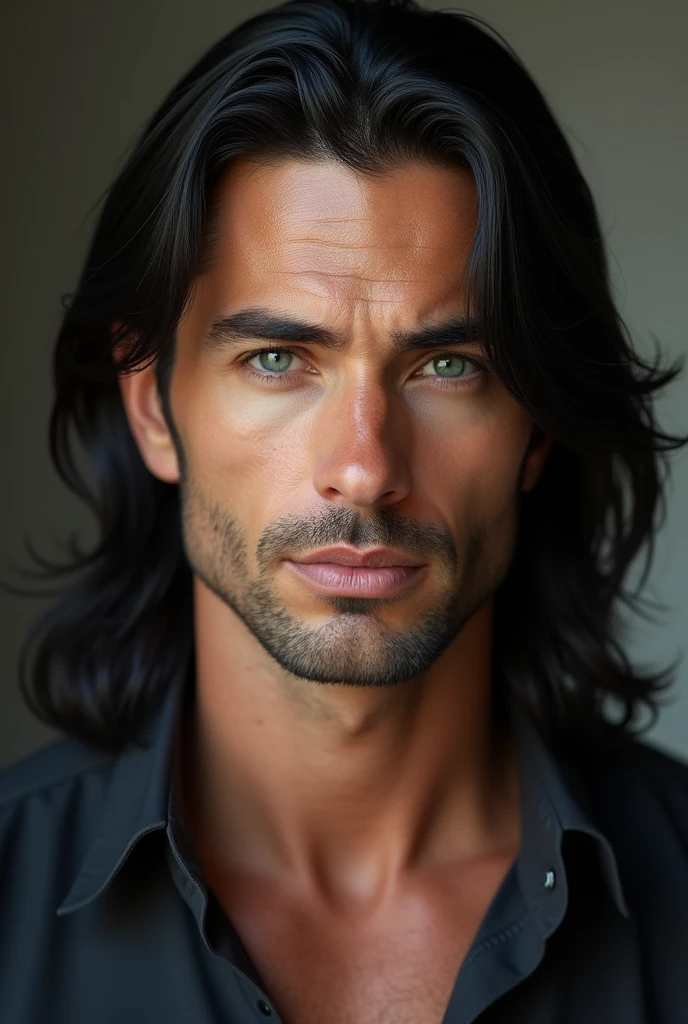 (photorealism:1.2), mature man, European, long straight black hair, Deep emerald green eyes, fine features, full lips, slim muscular 
