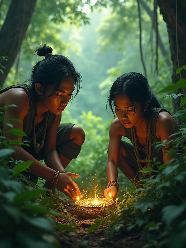 Two Cambodian hunters sit near a treasure in the forest, looking from behind