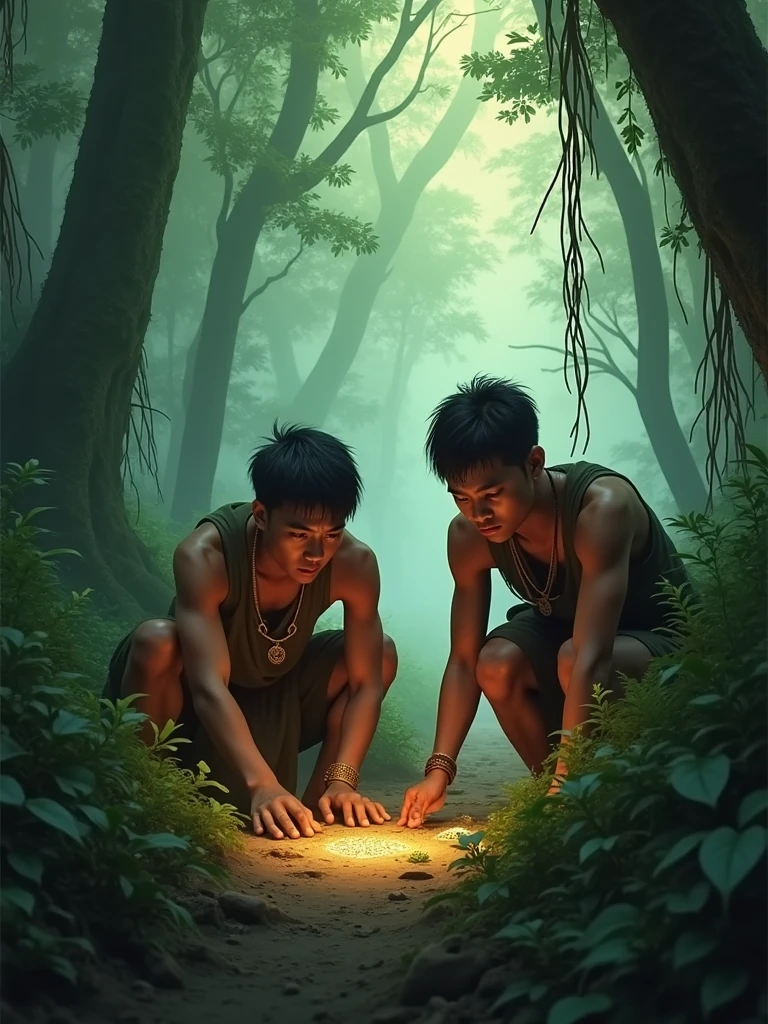 Two Cambodian hunters sit near a treasure in the forest, looking from behind