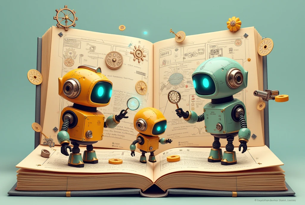 Interactive book model, Manuals and cute little robots, Multiple actions, illustration, Dynamic