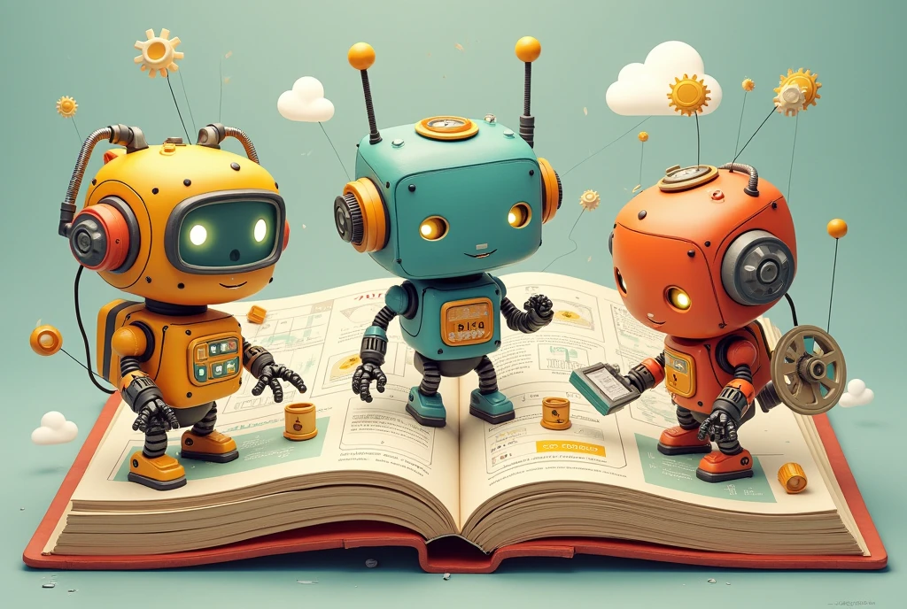 Interactive book model, Manuals and cute little robots, Multiple actions, illustration, Dynamic