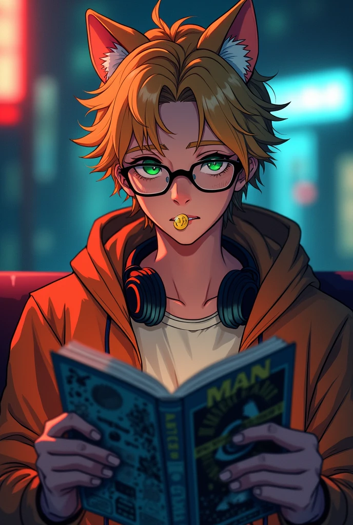 a 20 year old blonde male with messy hair and green eyes, wearing glasses and kitty ear headphones, holding a lollipop, unshaven, reading manga, DC comics style, cinematic lighting, highly detailed, vibrant colors, photorealistic