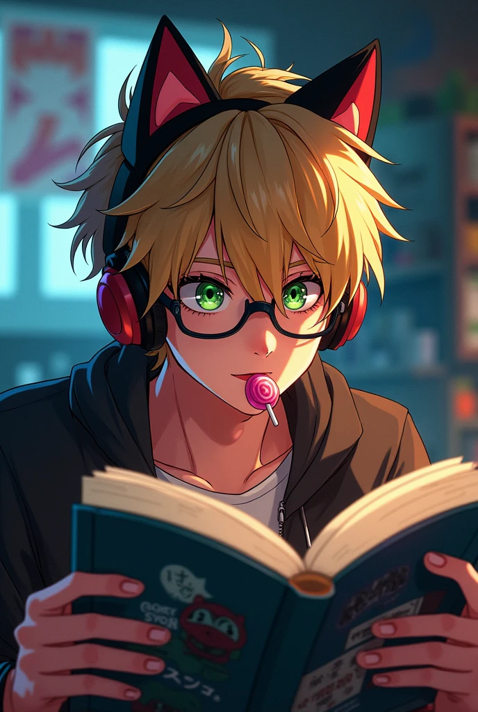 a 20 year old blonde male with messy hair and green eyes, wearing glasses and kitty ear headphones, holding a lollipop, unshaven, reading manga, DC comics style, cinematic lighting, highly detailed, vibrant colors, photorealistic