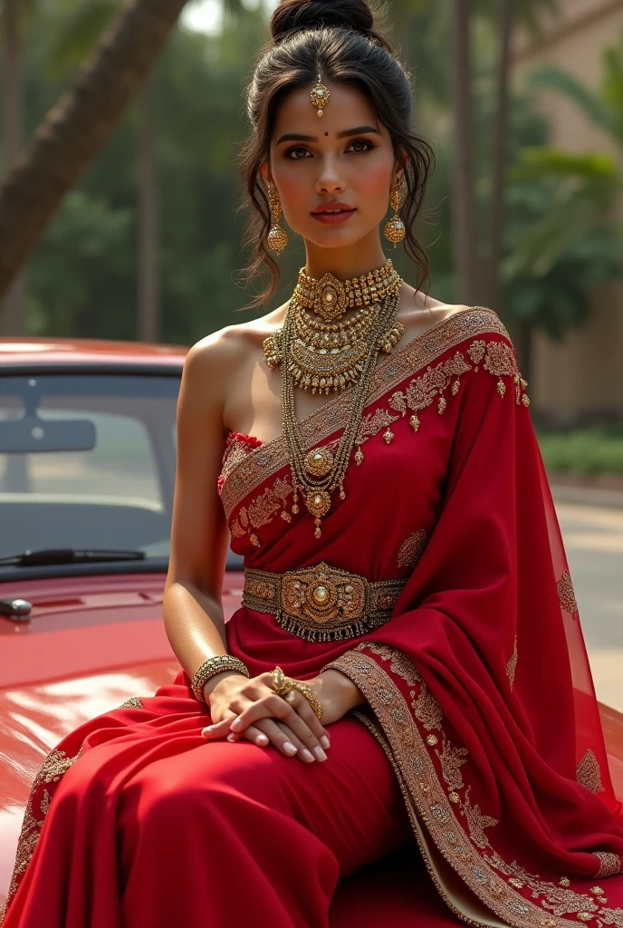 Beautiful Tan colour girl sitting on car with red satin saree dress and heavy amount of jewellery from heaven with money