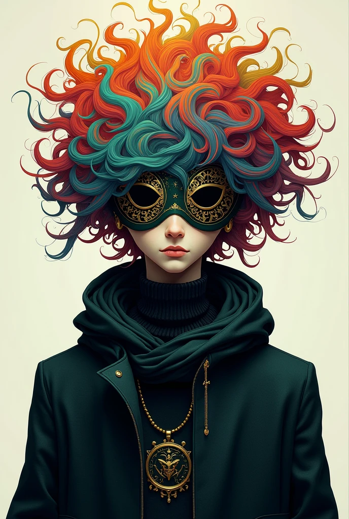 Draw me a fictional character with masks only on his eyes, who is a man and who is the mystery man and who has a round head and is short-headed.. Let her hair be seen and with lots of color