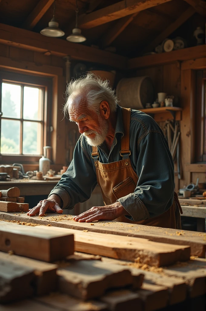 Old man is trying to make something by using big wood and impress a girl who has big boobs in carpenter shop
