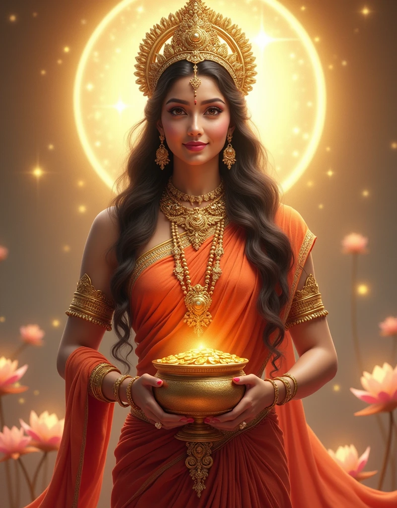 "Create an ultra-realistic image of Goddess Lakshmi, the epitome of beauty and prosperity, holding a pot full of golden coins and a blooming lotus. She should be depicted with radiant, flawless skin, glowing with a divine light. Her face should be exquisitely beautiful, with large, almond-shaped eyes filled with kindness and grace, a perfectly shaped nose, and serene lips forming a gentle, welcoming smile. Her long, dark hair should cascade down in soft waves, adorned with a delicate crown or headdress intricately designed with jewels.
Goddess Lakshmi should be dressed in a richly embroidered saree in vibrant shades of red and gold, symbolizing wealth and auspiciousness. Her jewelry should be luxurious, including layered necklaces, earrings, and bangles that sparkle with divine light. In one hand, she should hold a beautifully decorated pot overflowing with golden coins, symbolizing abundance and prosperity. In the other hand, she should hold a blooming lotus, representing purity, beauty, and spiritual enlightenment.
The background should feature a serene, celestial setting, perhaps with a golden glow and soft, ethereal light surrounding her. The atmosphere should exude a sense of peace, prosperity, and divine grace, capturing the essence of Goddess Lakshmi’s beauty and the blessings she bestows."