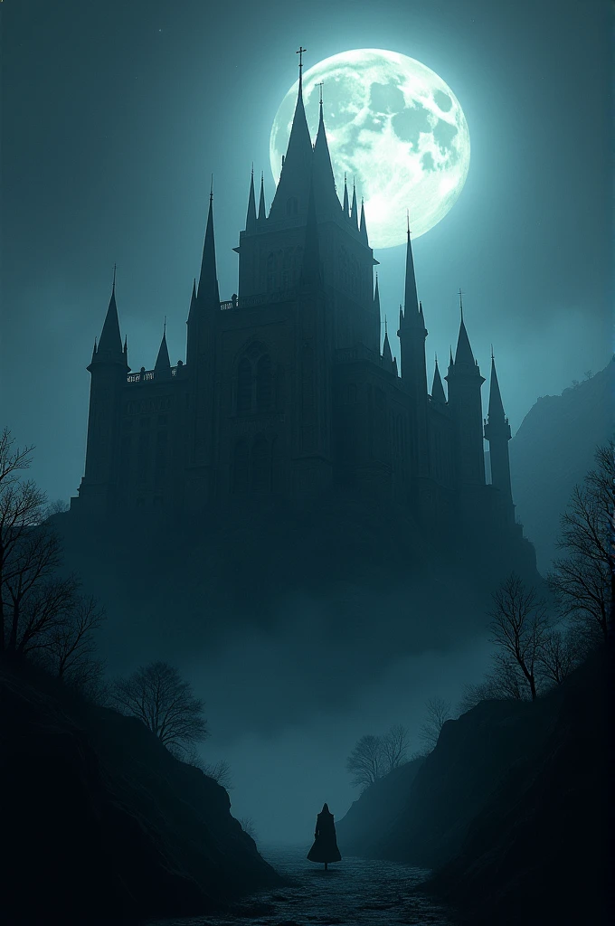 Ancient Palace at Night: A grand, old palace silhouetted against a moonlit sky, with an eerie atmosphere and dark, shadowy surroundings.