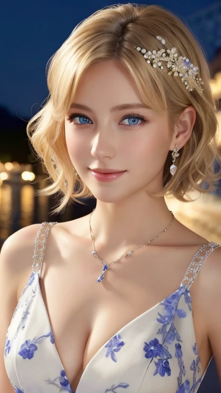 (((masterpiece)))、((Highest quality))、((超Realistic))、bride、wedding、Luxurious floral dresses、Light clothing、necklace、Formal Wear、night景、illumination、blue eyes、blonde、short hair、Hair tied up、Full body photo、Sexy Face、short hair、 A look of complete lust、Mature Woman、perspective、Very detailed、The perfect temptation、Best image quality、Fine-grained image quality、beautiful、European women,Italian women, smile、blue eyes、jewelry, Realistic, High resolution, Glowing Skin, (Detailed face), night, blonde, Wavy Hair,attractive appearance, smile,Japanese women、C cup