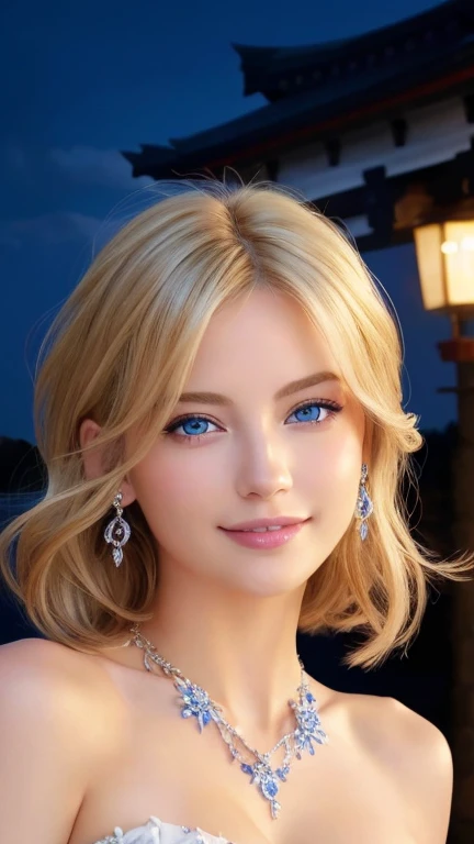 (((masterpiece)))、((Highest quality))、((超Realistic))、bride、wedding、Luxurious floral dresses、Light clothing、necklace、Formal Wear、night景、illumination、blue eyes、blonde、short hair、Hair tied up、Full body photo、Sexy Face、short hair、 A look of complete lust、Mature Woman、perspective、Very detailed、The perfect temptation、Best image quality、Fine-grained image quality、beautiful、European women,Italian women, smile、blue eyes、jewelry, Realistic, High resolution, Glowing Skin, (Detailed face), night, blonde, Wavy Hair,attractive appearance, smile,Japanese women、C cup
