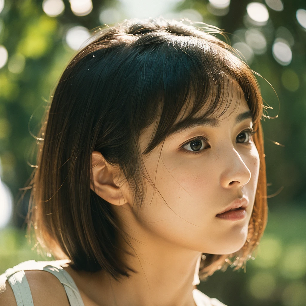 A hyper-realistic image of a single Japanese woman in her early 20s, captured with the nostalgic warmth and subtle graininess of a film camera. Her skin has a warm beige tone with a natural, slightly rough texture that includes visible pores, fine lines, and subtle imperfections such as small blemishes, adding to the authenticity of her appearance. The soft, diffused natural light enhances the film-like quality, casting gentle shadows that create a timeless, organic feel. Her straight, glossy black hair frames her face in a natural, slightly tousled manner, and her deep brown eyes reflect the ambient light, adding depth and emotion. The film camera effect introduces a slight grain and a softer focus, giving the image a warm, nostalgic atmosphere while maintaining the realistic texture of her skin. She is dressed simply, in a way that complements her natural beauty, with the overall composition designed to evoke a sense of genuine, understated elegance. The use of natural light, combined with the deliberately rougher texture of her skin and the film-like qualities, ensures that this image captures the imperfections that make her beauty truly lifelike, focusing solely on this one individual.