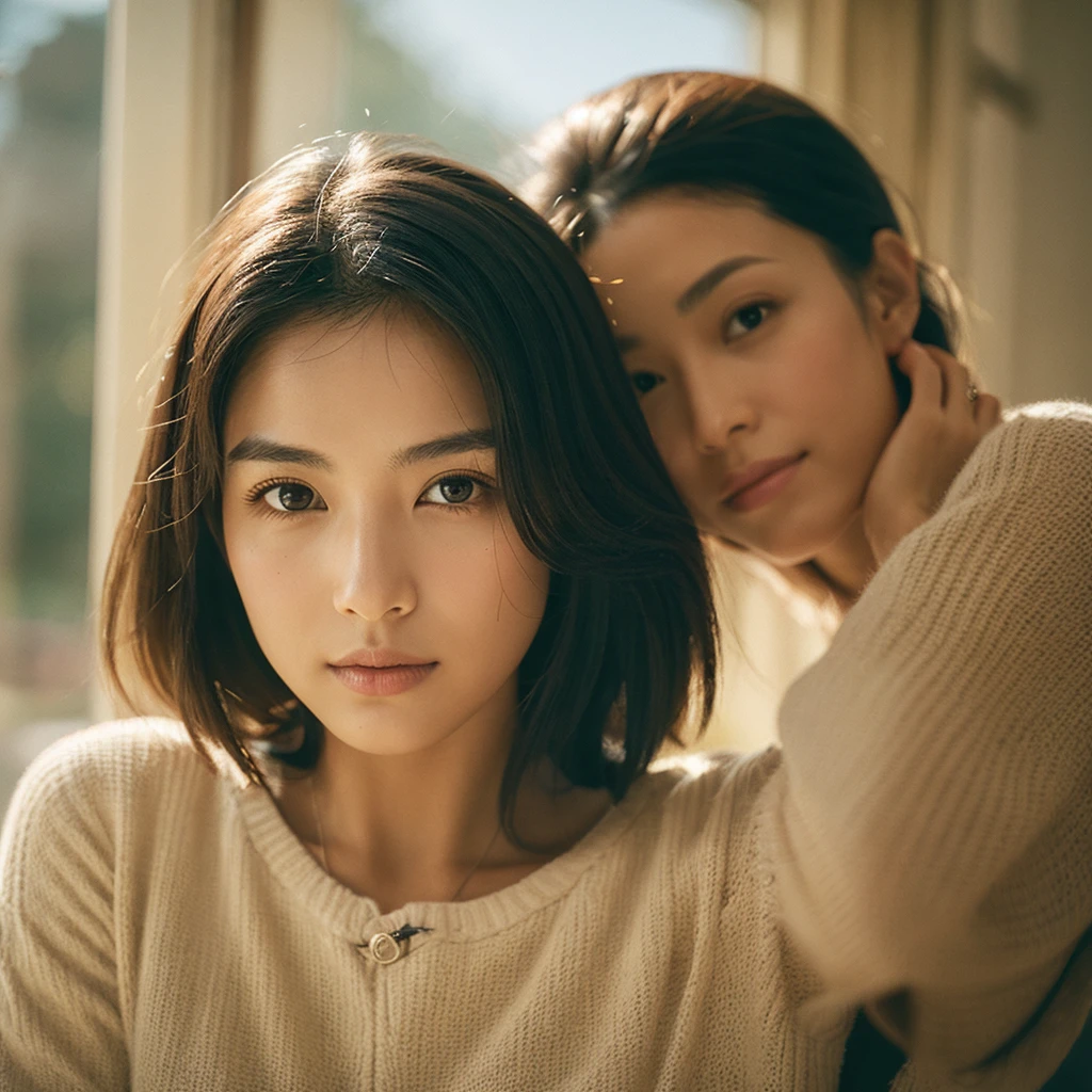 A hyper-realistic image of a single Japanese woman in her early 20s, captured with the nostalgic warmth and subtle graininess of a film camera. Her skin has a warm beige tone with a natural, slightly rough texture that includes visible pores, fine lines, and subtle imperfections such as small blemishes, adding to the authenticity of her appearance. The soft, diffused natural light enhances the film-like quality, casting gentle shadows that create a timeless, organic feel. Her straight, glossy black hair frames her face in a natural, slightly tousled manner, and her deep brown eyes reflect the ambient light, adding depth and emotion. The film camera effect introduces a slight grain and a softer focus, giving the image a warm, nostalgic atmosphere while maintaining the realistic texture of her skin. She is dressed simply, in a way that complements her natural beauty, with the overall composition designed to evoke a sense of genuine, understated elegance. The use of natural light, combined with the deliberately rougher texture of her skin and the film-like qualities, ensures that this image captures the imperfections that make her beauty truly lifelike, focusing solely on this one individual.