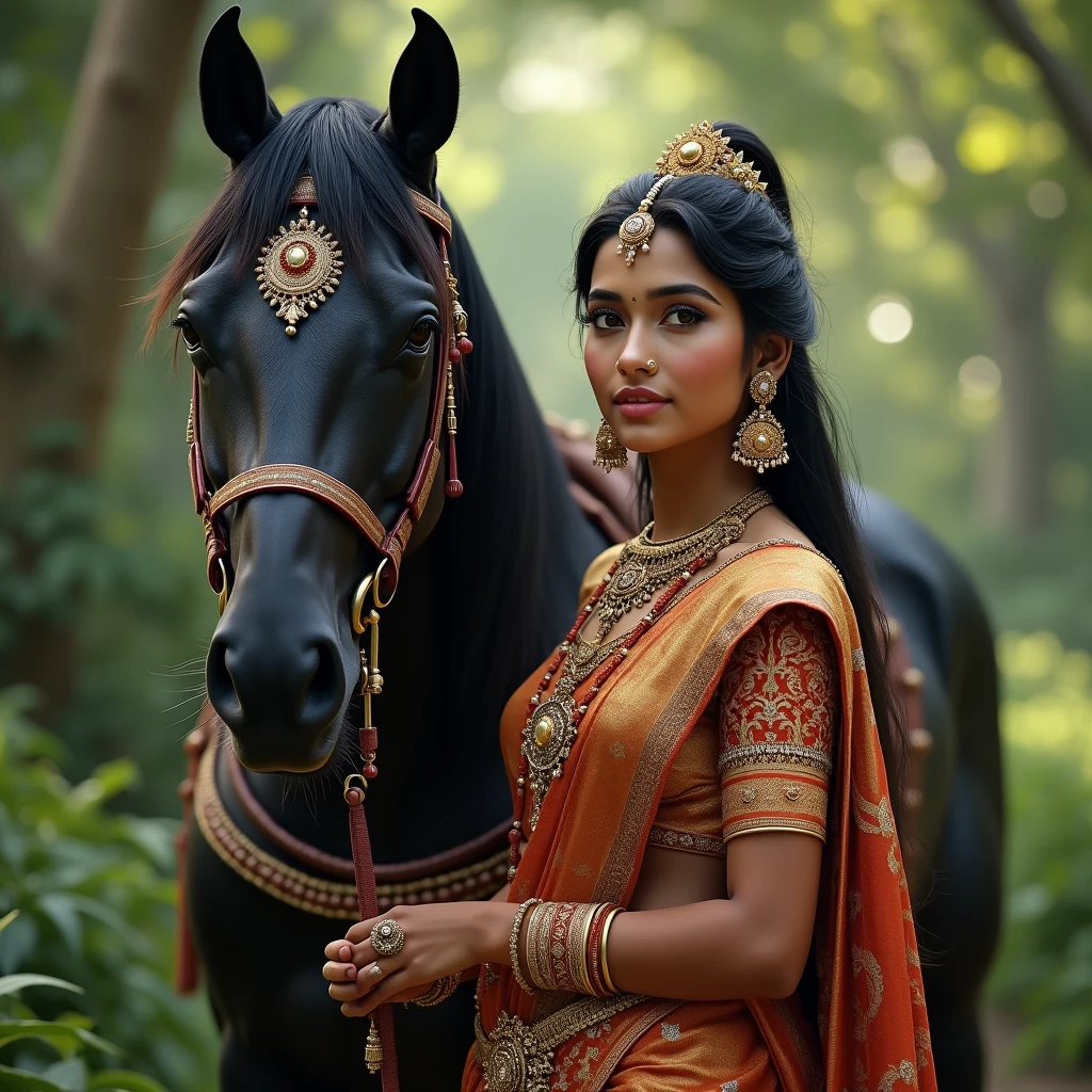 A south indian beautiful queen , shes very beautiful and peaceful with black horse 
