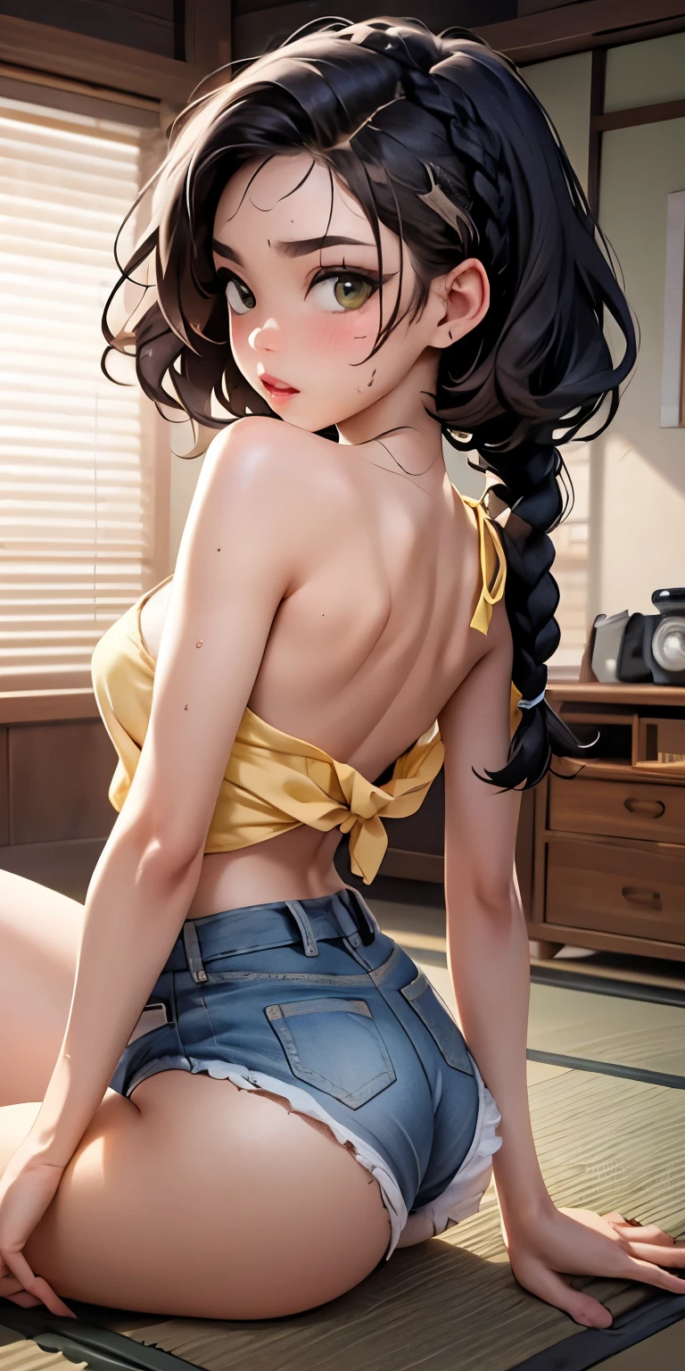 (Side boob exposure emphasis)、Mouth wide open and orgasmic face、See-through、Tatami Japanese room、White shorts(Backwards posture with emphasis on buttocks, riding position)Realistic Face、Sweaty、()、(((black braided hair、)))Tomboy.Emphasis on breast valley((Wearing Lemon yellow t-shirt.Wearing denim shorts))、((Wearing a red camisole))、Sexy posing、Moisturizing pink lips