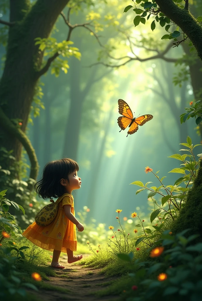 "The girl, Aisha, following the golden butterfly through a dense, green forest, with sunlight filtering through the trees and creating a magical atmosphere."