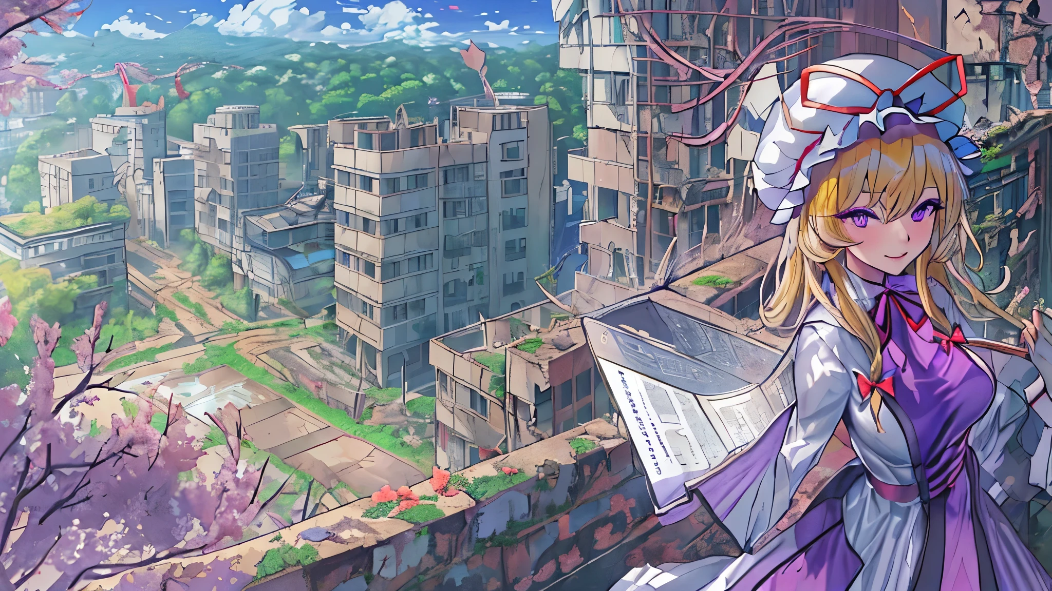 Highest quality, masterpiece, High resolution, alone, {yakumo_yukari_Touhou:1.15},Long shot of a girl standing in the ruins,Full body portrait,City Ruins,(((Ruined Background))),Modern City,A city swallowed by the forest,blue sky,Paved roads,Cracked roads,Decayed road sign, blonde,Braided upstyle, ribbon,Purple Dress, ribbon, hat, mob cap, hat ribbon, red ribbon, smile, white headwear, bangs, bow, breasts, purple eyes, hair between eyes, hair bow, tabard, large breasts, very long hair,((masterpiece, Highest quality, Extremely detailed CG, unity 8k wallpaper )),Long shot, panorama, Wide shot,((Very beautiful makeup)),Very long eyelashes,Perfect Eyes,Perfect Face,High resolutionの顔