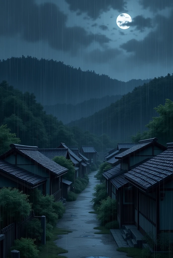 Generate a scenery of raining in the midnight with grey color accents in anime of a village in japan
