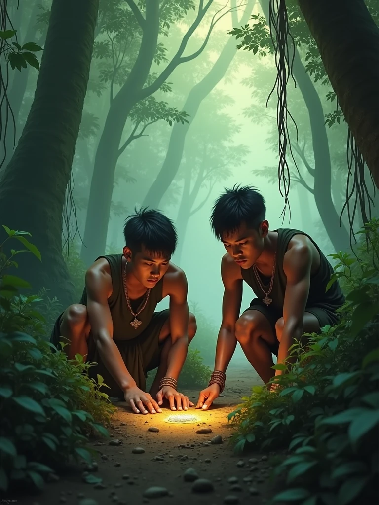 Two Cambodian hunters sit near a treasure in the forest, looking from behind
