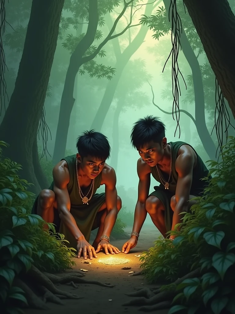 Two Cambodian hunters sit near a treasure in the forest, looking from behind