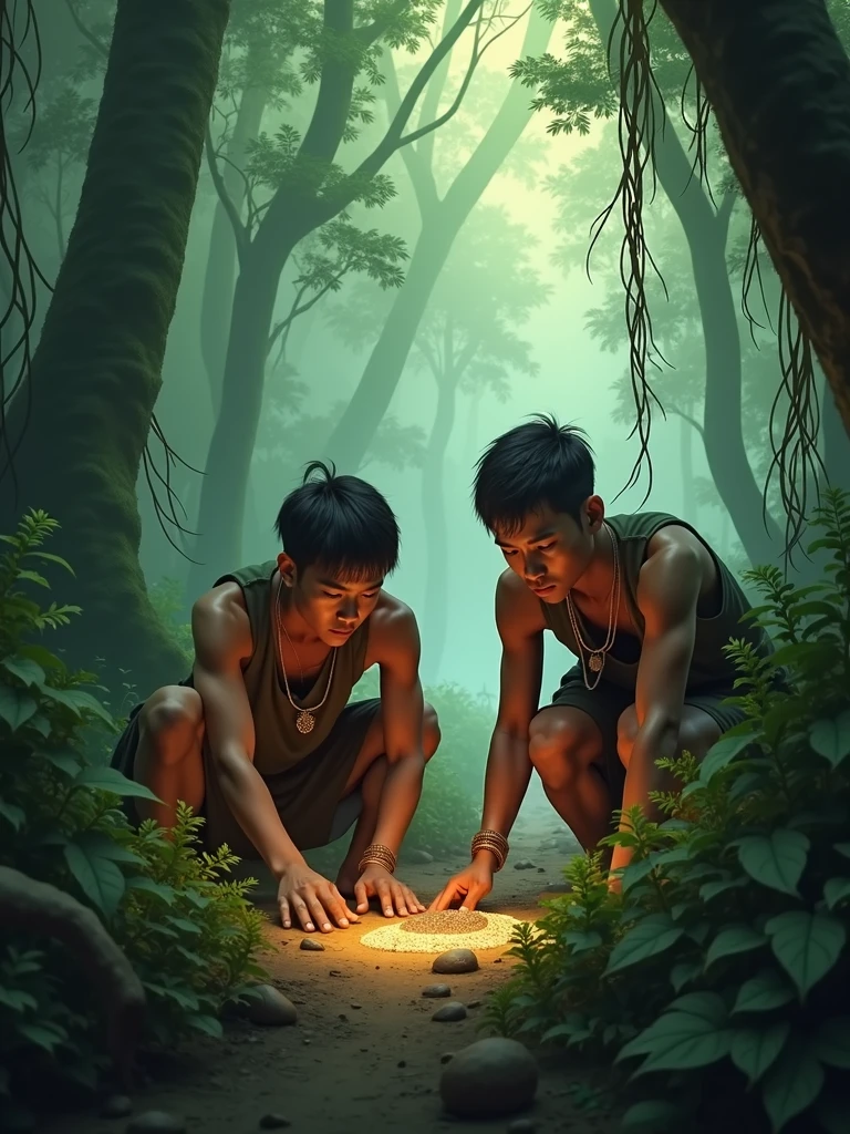 Two Cambodian hunters sit near a treasure in the forest, looking from behind
