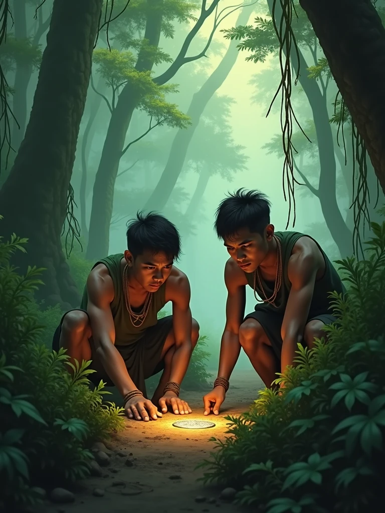 Two Cambodian hunters sit near a treasure in the forest, looking from behind