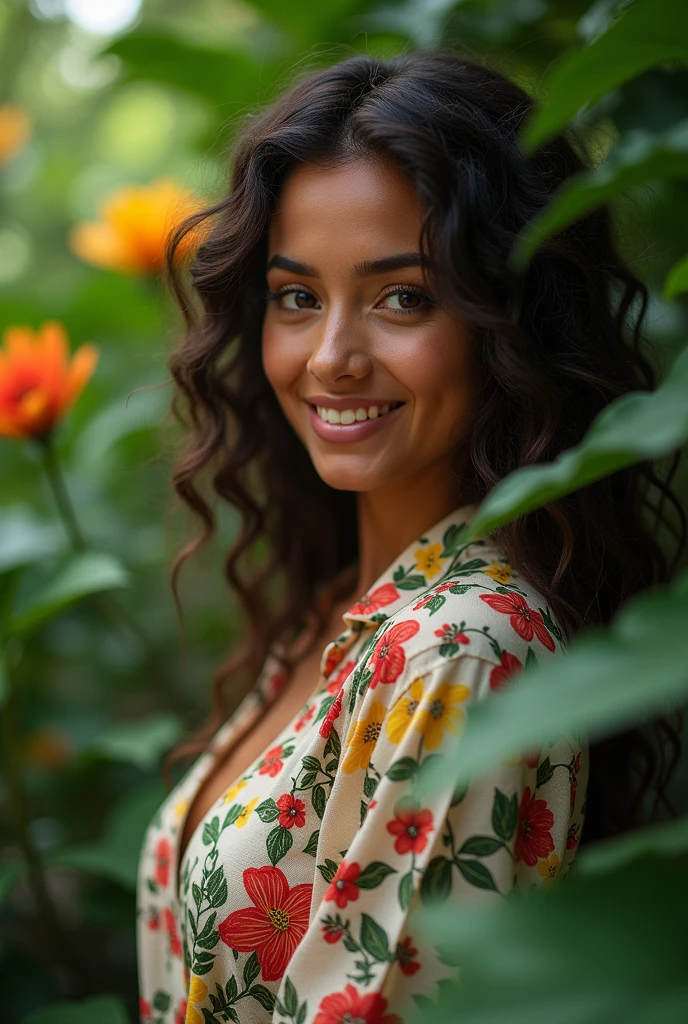 A Brazilian woman in a lush tropical garden, wearing an open shirt with a floral print, with a close-up capturing the harmonious beauty between her breasts and the natural flowers, showing off your natural charm and outgoing personality.
