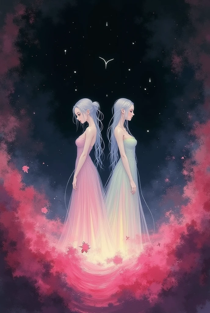 Black background with pink watercolor stain borders, light blue and yellow with references to the video game Final Fantasy X