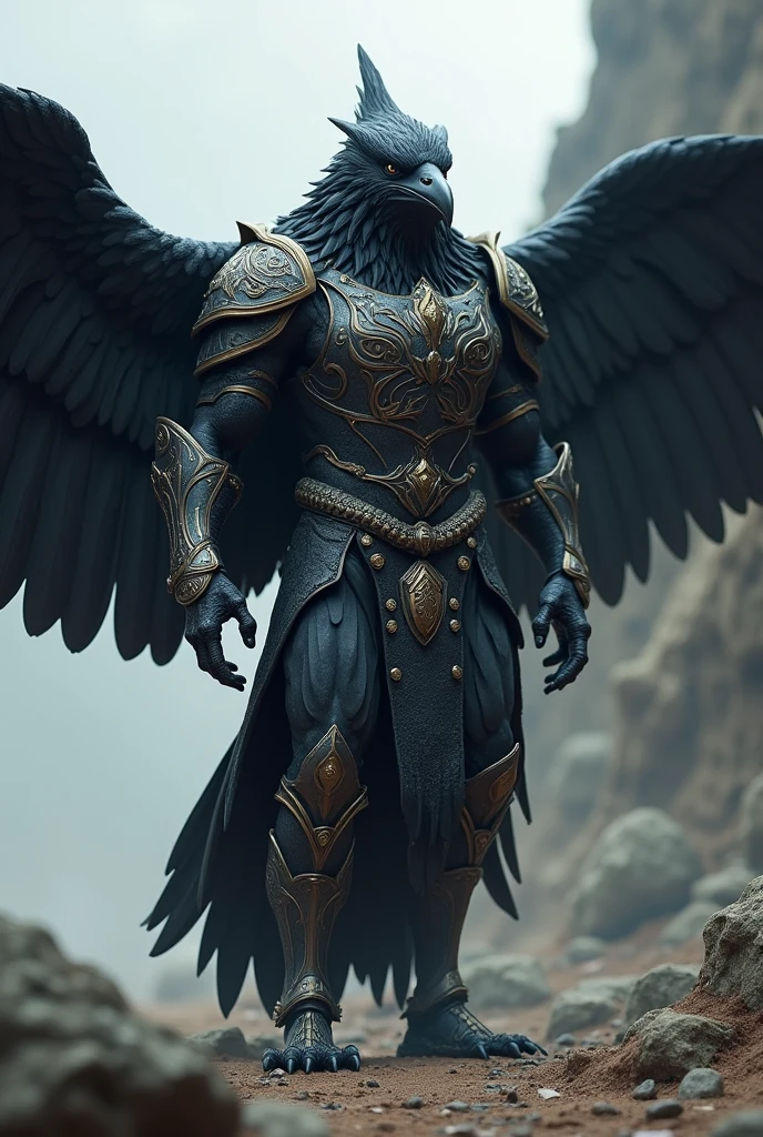 A human-shaped crow wearing armor with wings