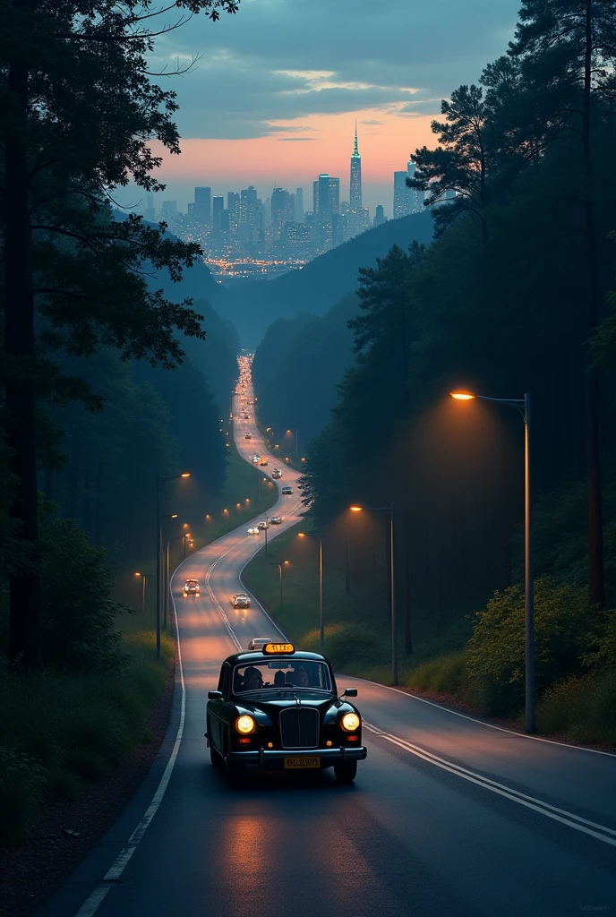 Create a city and a hill in dusk and a group of man on a black taxi are going in the hill. The road is seen till the start of the hill and there are large forest on the hill
