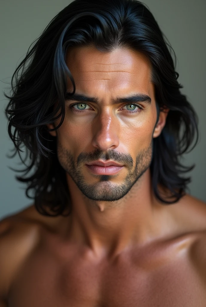 (photorealism:1.2), mature man, clear skin, European, long straight black hair, Deep emerald green eyes, fine features, full lips, slim muscular 
