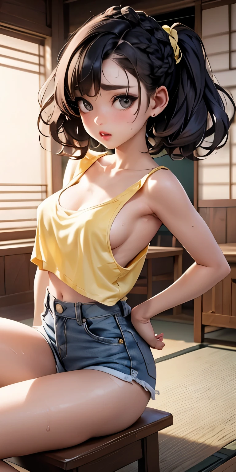 (Side boob exposure emphasis)、Mouth wide open and orgasmic face、See-through、Tatami Japanese room、White shorts(Backwards posture with emphasis on buttocks, riding position)Realistic Face、Sweaty、()、(((black braided hair、)))Tomboy.Emphasis on breast valley((Wearing Lemon yellow t-shirt.Wearing denim shorts))、((Wearing a red camisole))、Sexy posing、Moisturizing pink lips