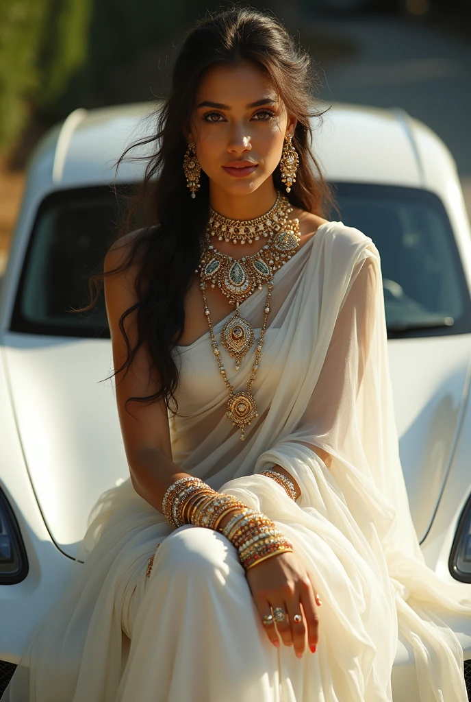 Beautiful Tan colour girl sitting on car with white satin saree dress and heavy amount of jewellery from heaven with money