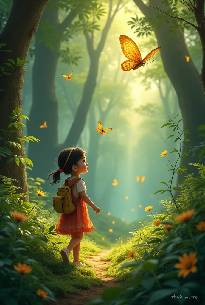 "The girl, Aisha, following the golden butterfly through a dense, green forest, with sunlight filtering through the trees and creating a magical atmosphere."