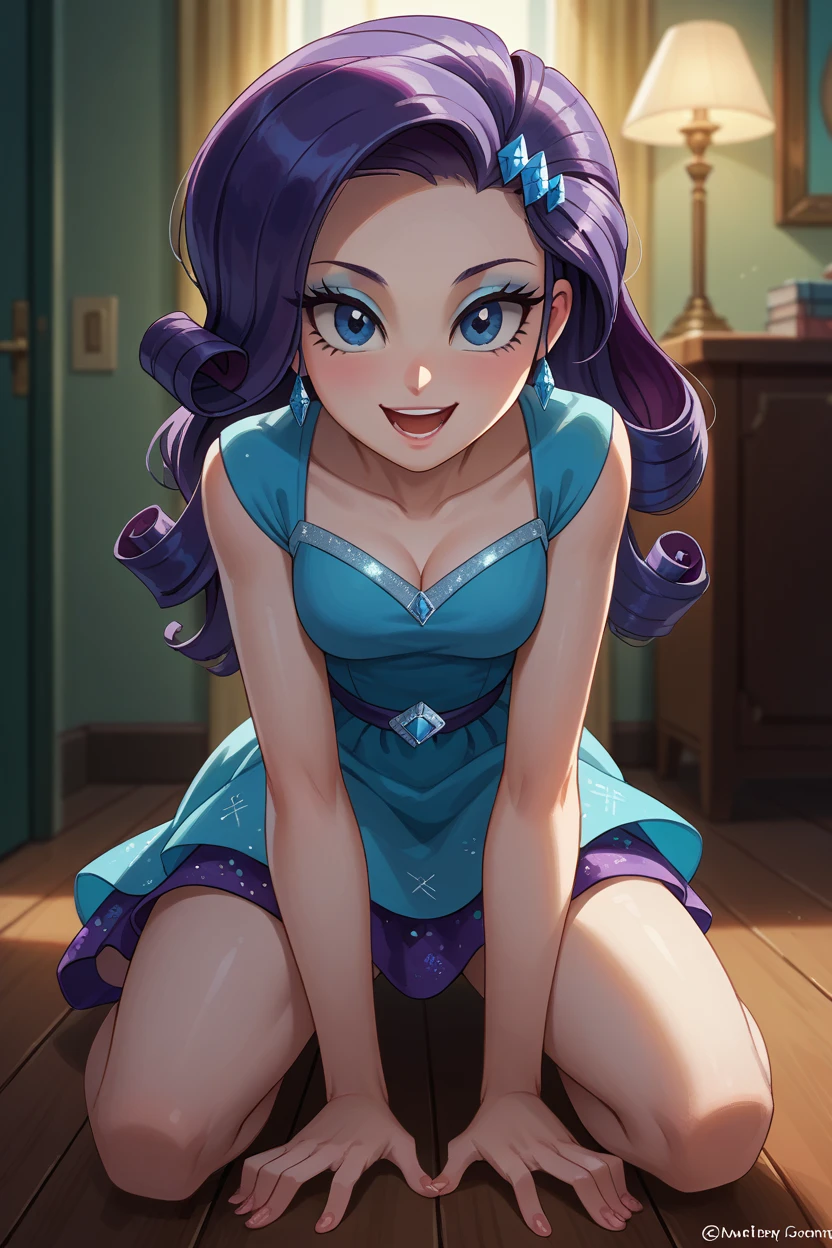 Rarity from the movie "Mlp equestria girls", by address, happy, looking at the viewer, dress, seductive look, on his knees in front of me, In a room, pov touch my legs. 