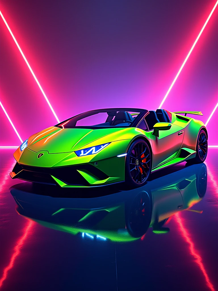 stunning, vibrant illustration of a sleek metallic green Lamborghini Huracan Evo Spyder set in a captivating purple lighting room. The car's geometric design is accentuated by neon lights, and the prominent Lamborghini logo on the side adds to its luxurious appeal. The background features dynamic, futuristic angular red lines, creating a high-energy atmosphere. The car's reflection on a shiny surface below adds depth and dimension to the composition, making for a visually stunning and powerful image., poster, illustration, photo, vibrant