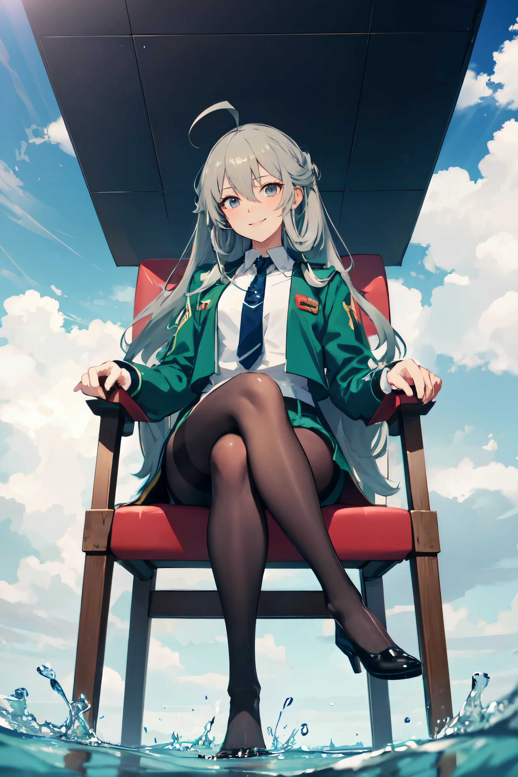 masterpiece, Highest quality, High resolution, Urine 1, One person, Myolin Remblanc, Astichia's uniform, alone, Long Hair, Grey Eyes, Grey Hair, Ahoge, Seamed legwear, Green shorts, tie, bangs, Hair between the eyes, Black Pantyhose, Long sleeve, Green jacket, Floating Hair, red tie, Outdoor, Chair, Sitting, Crossing your legs, smile, (Gundam:1.2),