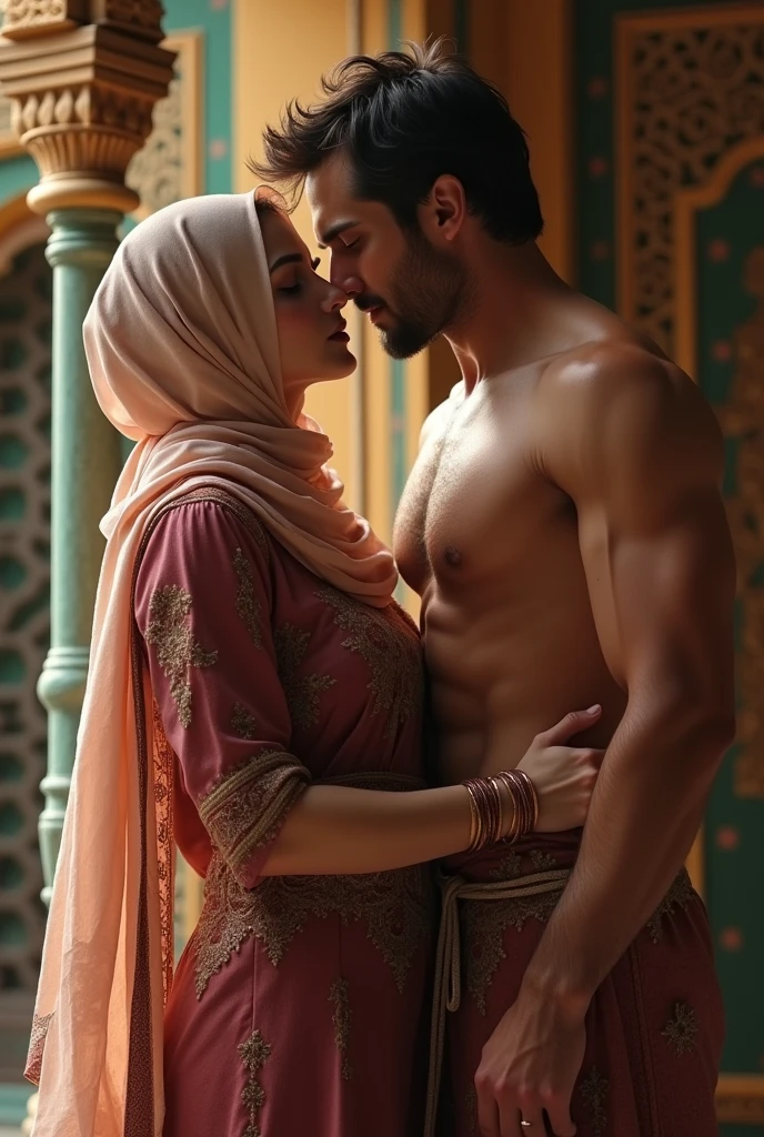 Sexy young lady in hijab romance with a handsome hot man wearing underwear in Pakistan side realistic
