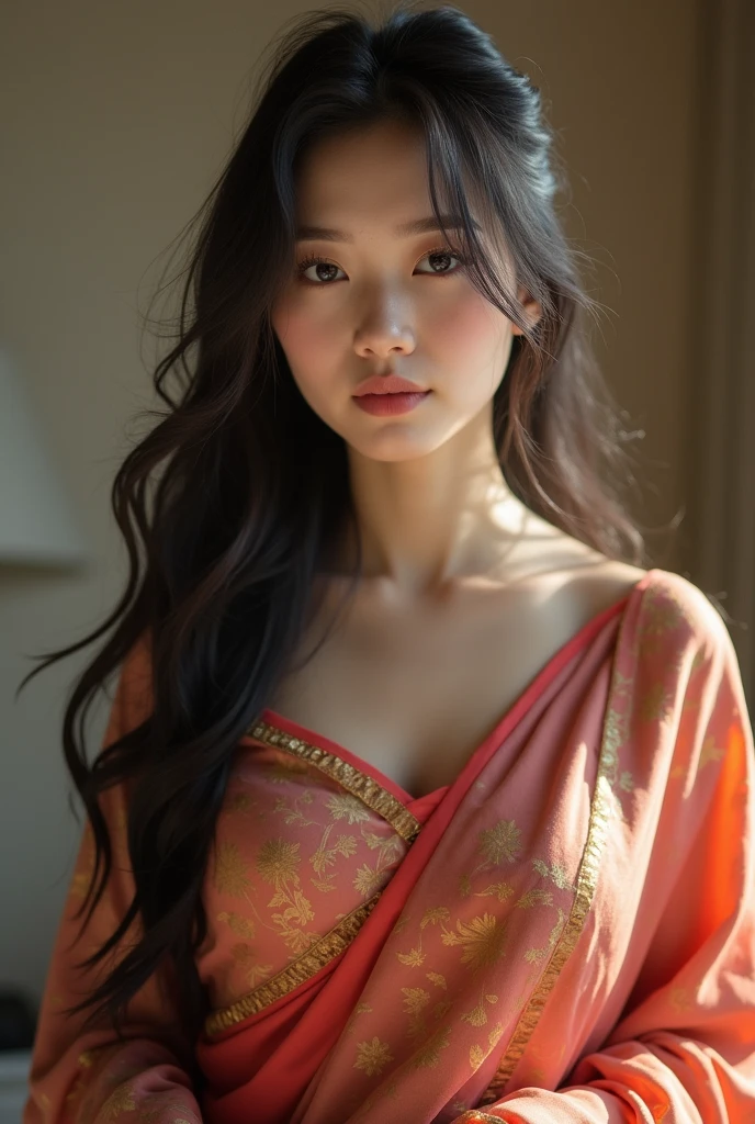 Hot Korean girl wearing saree sucking