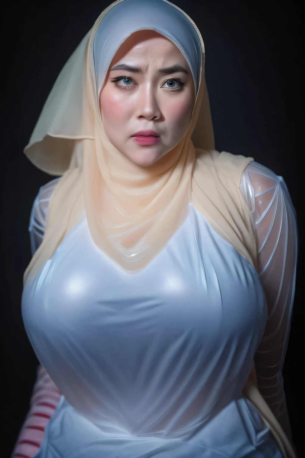 (Old Lady:1.37), Jumbo (Singlet), Chubby adorable, 1 girl, (face to face), , baby face, (angry face expression:1.37), half body portrait, (face details: 1), (eye details: 1), ((big breasts)). wearing ((transparent:1.44)), transparency soft long shirt, hijab, .. Cute posed. proportional body. Ultra High Res. realistic: 1.4, UHD, ((plaid pattern)), ((Bigger:2.3)), (((DARK BACKGROUND)))