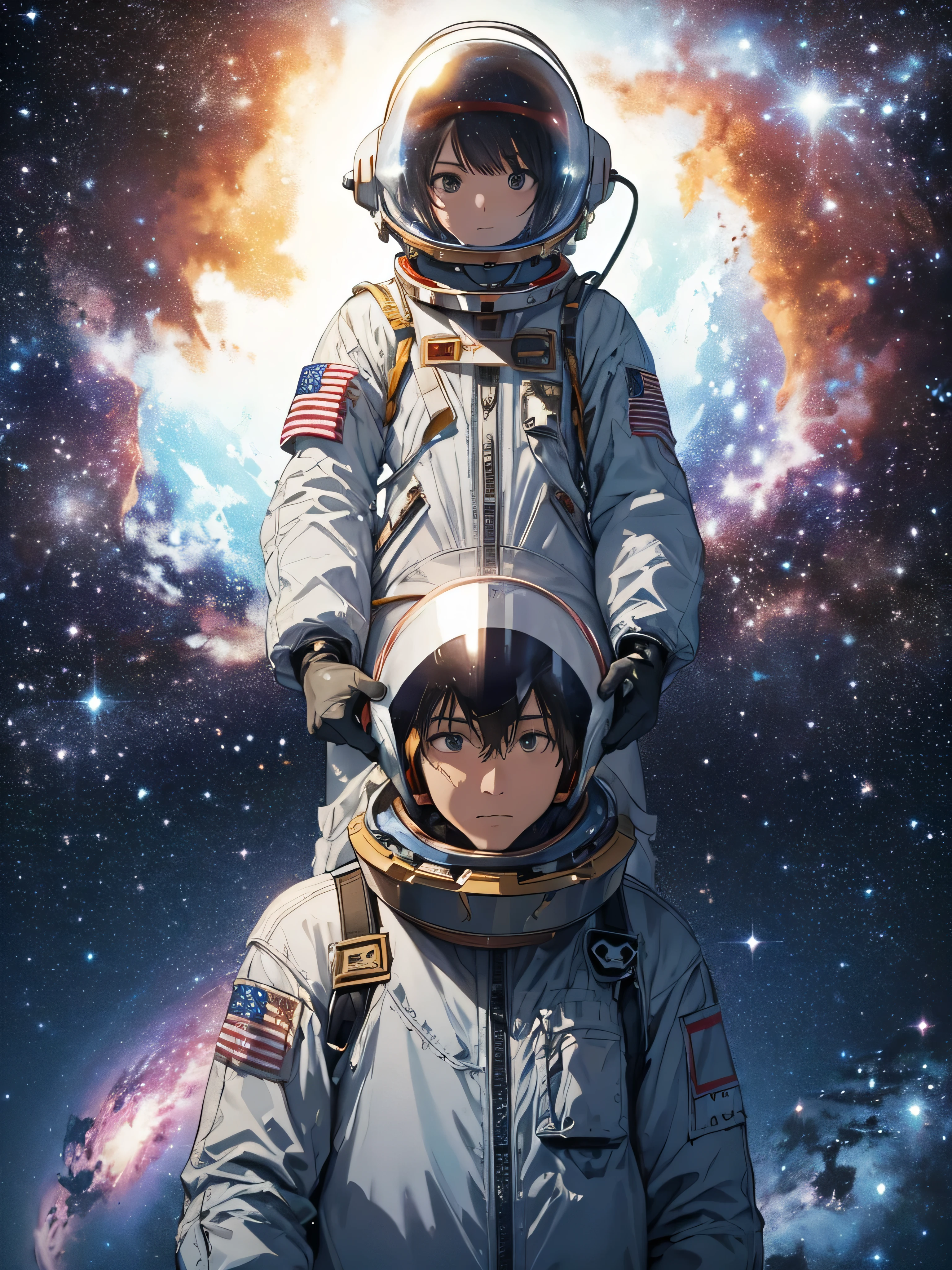 Neymar 1 astronaut,(Helmet:1.3), (Spacesuit:1.3), (floating weightless:1.4), Earth, 。.two, performer, (Reflects sunlight:0.8), milky way, (distant galaxy:1.3), Wide, (Exhaust gas:0.9), (Space microwave background:1.1), spacewalk to spaceship:1.4), (Zero gravity environment:0.7), (Telecommunications Equipment:0.8), (Explore new and fascinating performers:1.3), (Collection of samples:1.1), solar system, (astronaut&#39;Visor reflection:0.9), (astronaut&#39;Perspective:1.3), (Re-entry into the atmosphere:1.4), (international cooperation:1.2), (View from inside the spaceship:0.8), (Astronaut training:1.1), (Moon Landing:1.3), (Extravehicular activities in extravehicular activities):1.2), (Lunar rover:1.1), (Explore the unknown:1.4), (Shadow of an astronaut on the moon:0.9), (floating tools:0.8), (Magnificent Earth Scenery:1.3), (Travel between performers:1.2), (astronaut badge:0.8), (spacecraft control:1.1), (Celestial Navigation:1.3), (The astronaut&#39;s visor reflects the Earth:1.2), (Space Travel:1.4), (astronaut extravehicular activity strapped to spacecraft:1.5), Japanese flag、①Quality：(one person), (Highest quality:1.3), (masterpiece:1.3), (Super detailed:0.8), 8k, Highly detailed CG, Perfect hands:1.2), (Perfect Anatomy:1.2), ② Eyes：Sparkling Eyes, Intricate iris detail, Fascinating eye reflection, Sparkling eyes, Pupil depth and three-dimensional effect, Subtle changes in the color of the iris, Meticulous eyelash detailing, Detailed eyes, ⑥Body type：Slim figure, ⑦ Skin:Detailed skin, ⑧ Expression：(blush:1.0), Detailed face, View your viewers, BREAK, Happy, See the face and feel, I love lots of milk, Waiting for a kiss 9th style: animation, Illustration 10: theme：(Toru Asakura: 1.3), ⑪Hair: Shiny Hair, Floating Hair, (short hair:1.4), (low hair volume:1.4), (Parted bangs:1.4), (Blue Hair、Gradient Hair、Multi-colored hair、Parted bangs、Purple Hair), (Hairstyles in the middle:1.3), (Boyish hairstyles、Hairstyle like、Show your amount) ⑬Composition：(Upper Body:1.2), (From below,:1.1), (From the side:1.3), (Extremely close-up footage: 1.3), very Wide shot, Dutch Angle