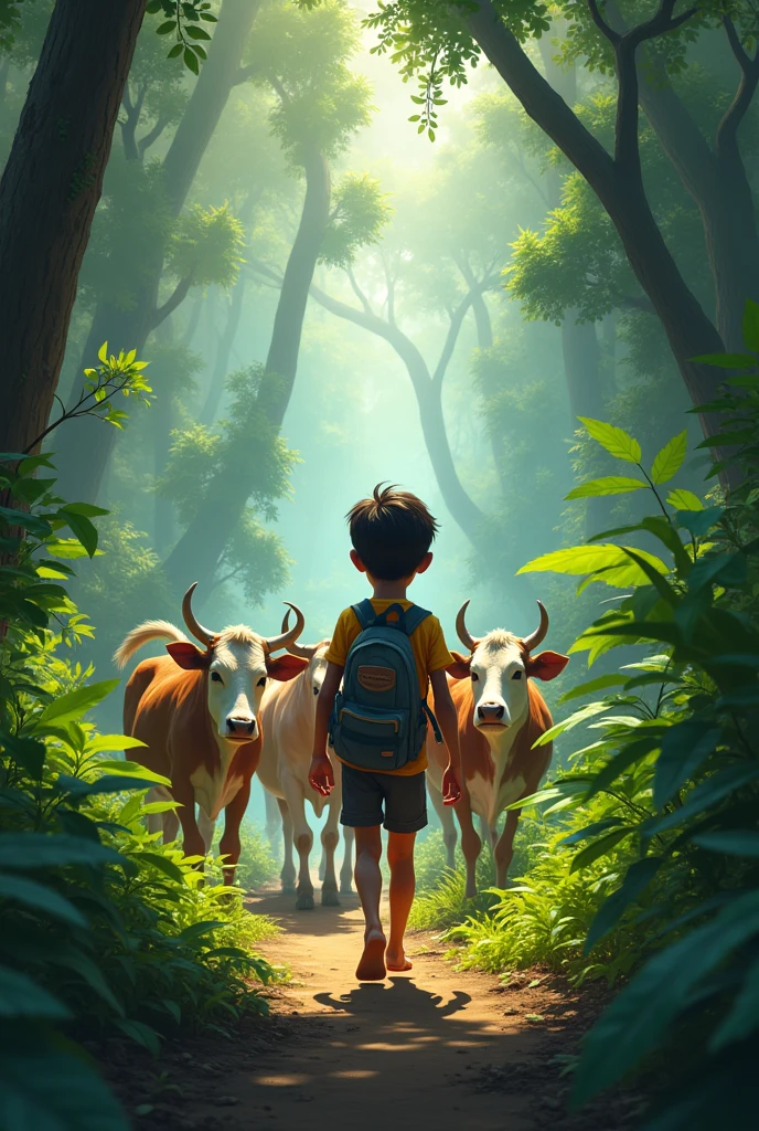 A young boy everyday goes to jungle with his cows