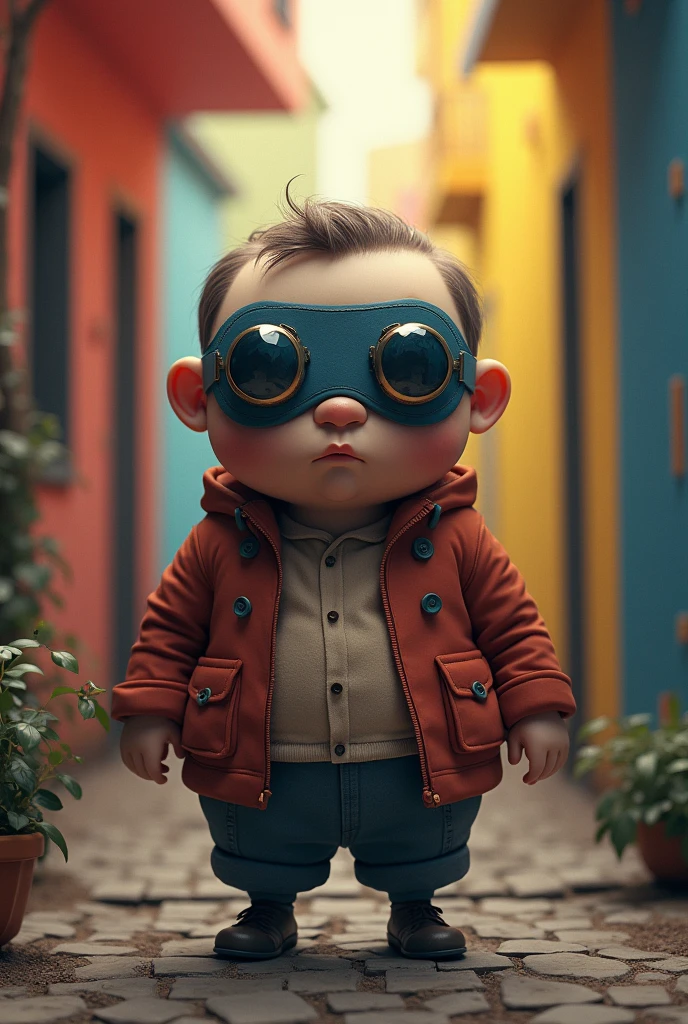 Draw me a fictional character with masks only on his eyes, who is a man and who is the mystery man and who has a round head, is a little fat and is short-legged.. Let the hair be visible and the image have a lot of color.
