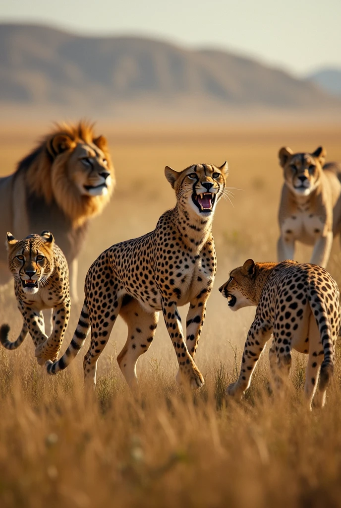 A cheetah 
fighting with 3 cheetahs and lions watch them 





