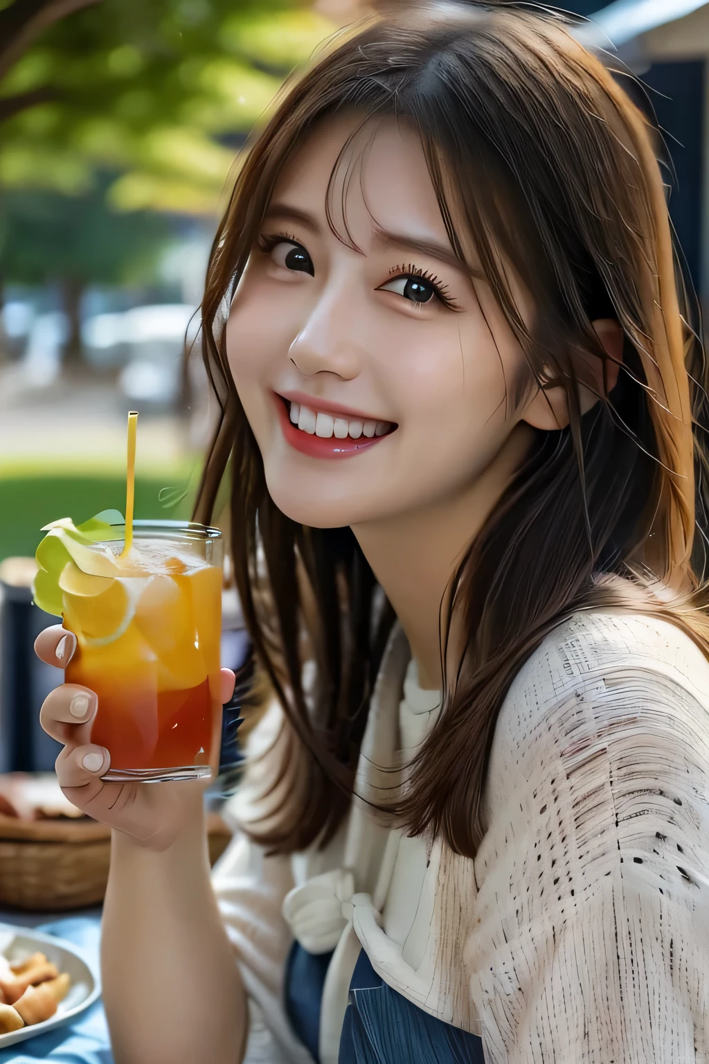 A beautiful woman enjoying a summer BBQ under a bright blue sky, holding a drink in one hand and smiling cutely, wearing casual summer clothes, surrounded by a vibrant outdoor setting with green grass and trees, warm sunlight illuminating her joyful expression, the atmosphere is lively and relaxed