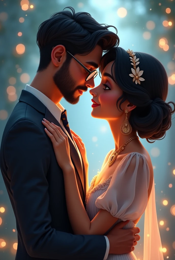 a young guy with trim beard formals dusky skin and glasses bit fat proposing princess jasmine with short curly hair