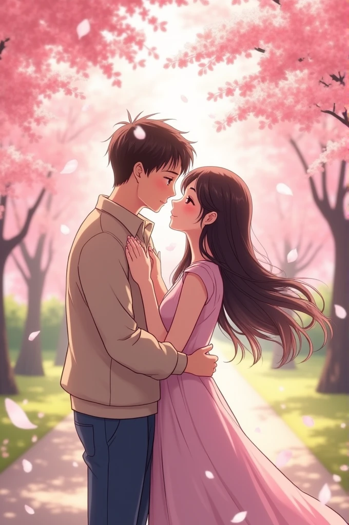 A heartwarming anime-style scene set in Japan, featuring a couple tenderly kissing under a blooming cherry blossom tree. The man is chubby and endearing, with a gentle expression, while the woman is slim and beautiful, her long hair flowing gracefully in the breeze. The background showcases a peaceful Japanese park with soft pastel colors and delicate sakura petals floating around them, adding to the romantic atmosphere. The couple’s embrace is sweet and loving, capturing the essence of youthful love in a serene and picturesque setting.