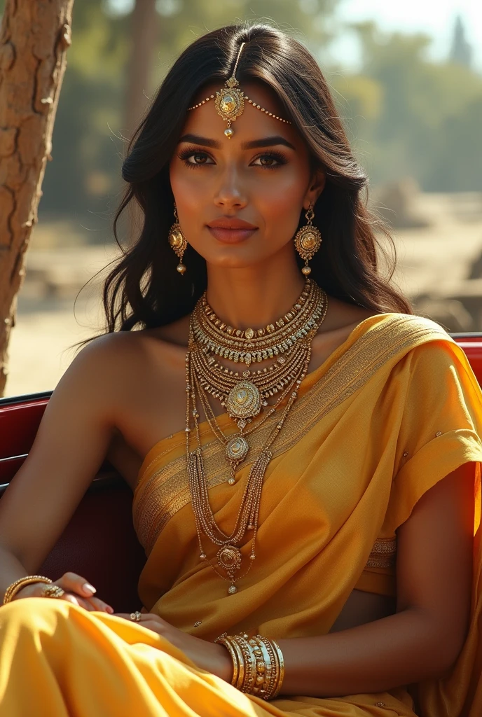 Beautiful Tan colour girl sitting on car with golden satin saree dress and heavy amount of jewellery from heaven with money
