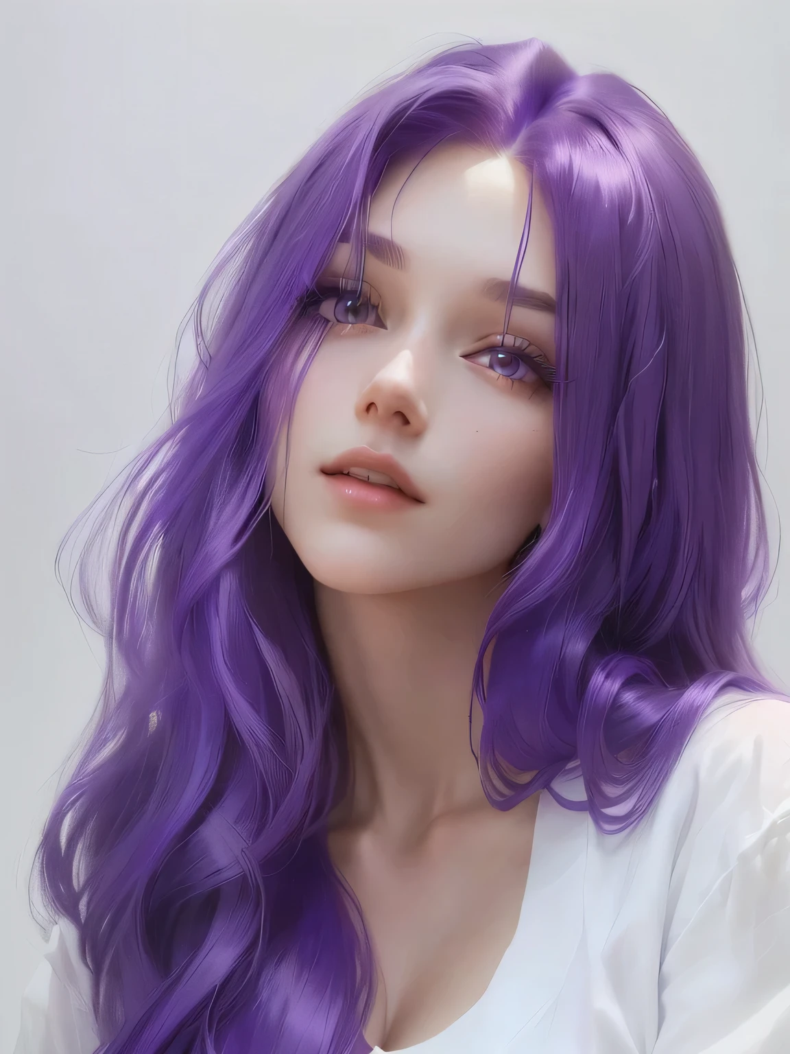 a close up of a woman with long purple hair and a white shirt, purple flowing hair, violet long hair, violet hair, violet color, flowing purple hair, purple long hair, purple hair, purple color, long violet hair, long wavy purple hair, long purple hair, purple skin color, she has purple hair, purple hue, hair coloring