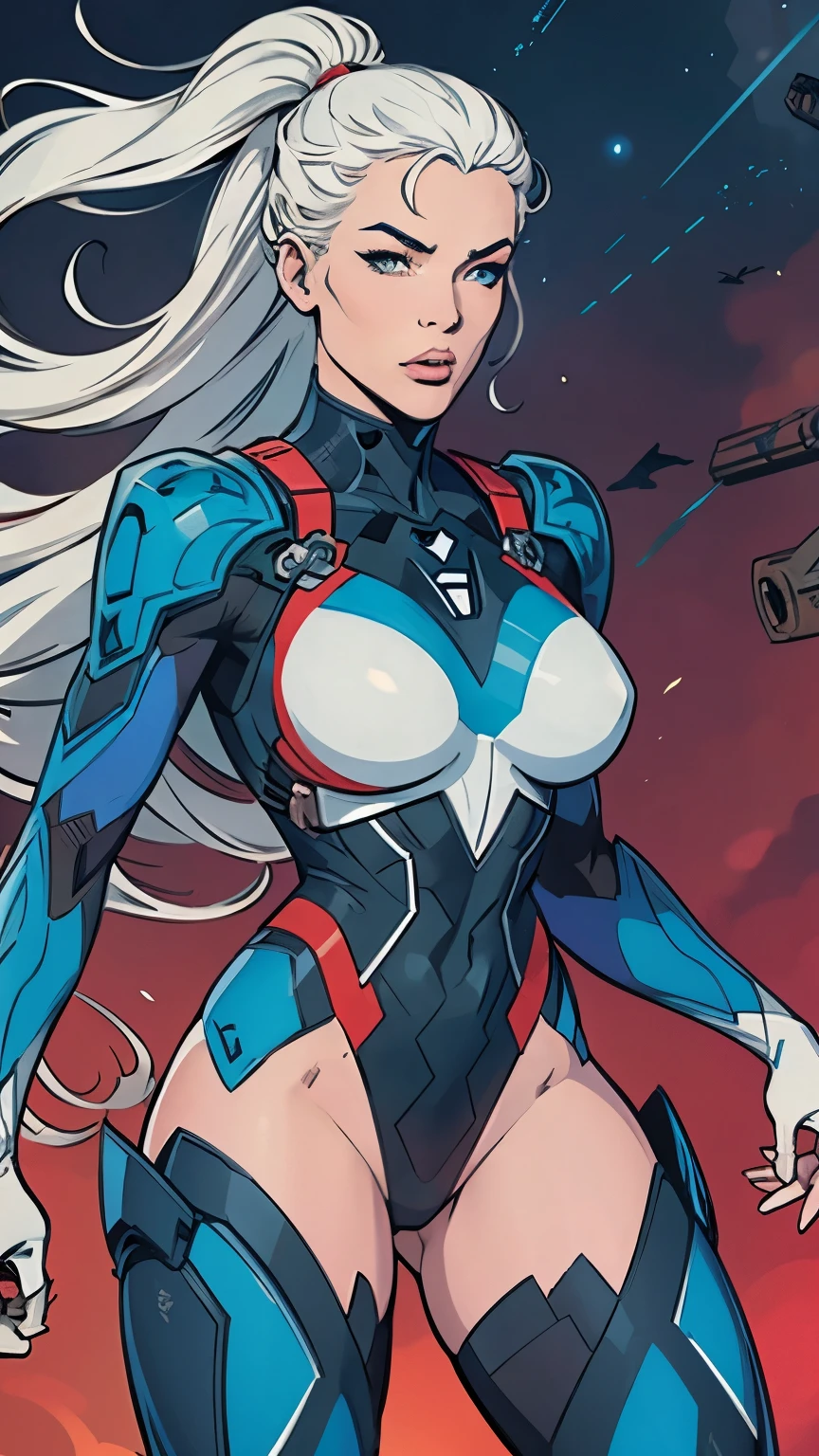 RUSSIAN WAIFU, in a combat exo-suit, very clear detail, suit colors white blue and red